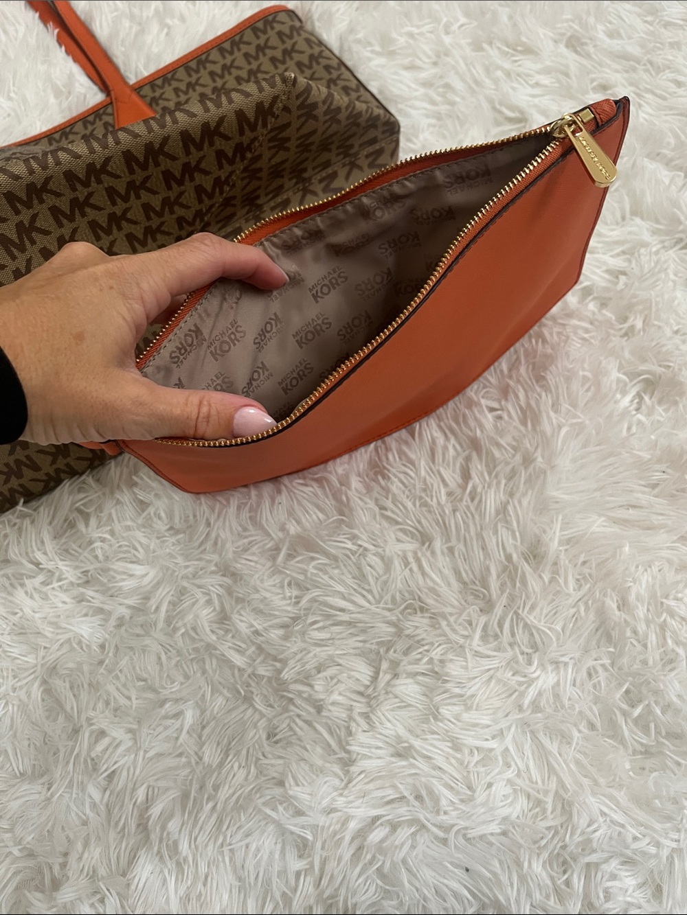 Michael Kors Brown MK Logo Tote with Orange Trim - Picture 4 of 6
